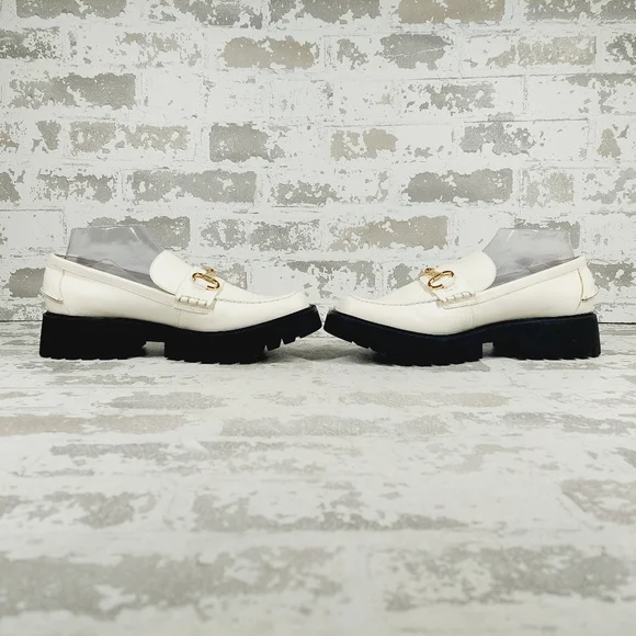 NEW Nordstrom Open Edit White Faux Patent Gold Chunky Academia Loafers C433 - Picture 7 of 14